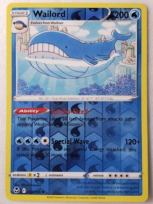REVERSE HOLO Wailord 038/195 NM / M Silver Tempest Pokemon Card $2 Flat Shipping - Image 1 of 2