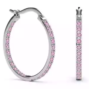 Pink Cubic Zirconia Inside Out Hoop Earrings 925 Sterling Silver Rhodium Plated - Picture 1 of 11