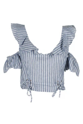 Guess Blue Multi Striped Hermosa Flounce Crop Top L - Image 1 of 3