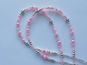 PINK CRYSTAL AND PEARL BEADS BREAKAWAY BEADED LANYARD ID BADGE HOLDER NECKLACE 
