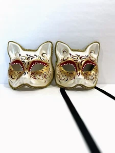 Two Original Venezia Italy Hand Made Paper Mache Cat Masks * Party Masquerade - Picture 1 of 8