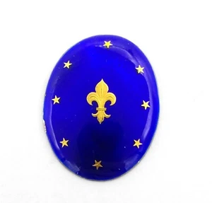 NOS Antique Oval Cobalt Blue Enamel Inlaid Gold Fleur De Lis Plaque Piece #B7 - Picture 1 of 2