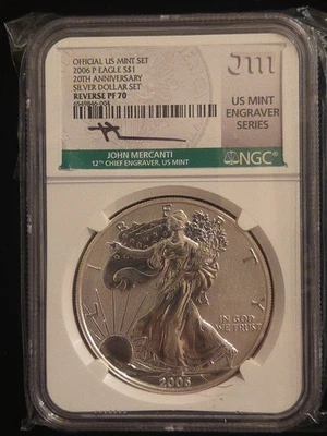 2006(P) Reverse Proof Silver Eagle NGC PF70 Mercanti Signed MES 20th Anniversary - Image 1 of 4