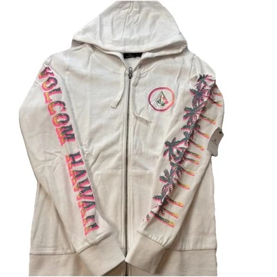 NWT SMALL WHITE VOLCOM HAWAII STONE LOVE ZIP NEON PINK  SLEEVE DESIGN ZIP HOODIE - Image 1 of 4
