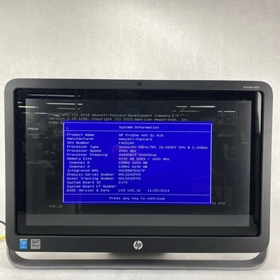 HP ProOne 400 G1 AIO 21.5" Touch Core i5-4590T 2.0GHz 1x8GB RAM No AC No HDD OS - Image 1 of 4