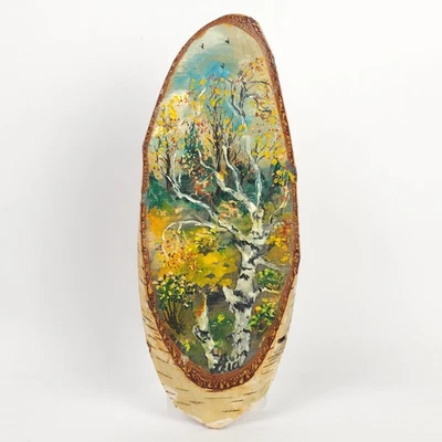 Pintura de paisaje vintage de losa de madera de abedul borde de corteza cruda arte popular 8,75" H Foto 1 de 4