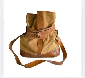 Boho Tan Suede Bucket Bag Brown Leather Trim Slouchy Buckle Shoulder Crossbody - Picture 1 of 19