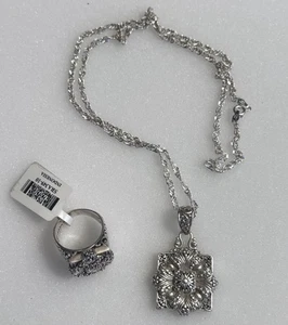 Set Sarda 925 Sterling Silver 31.1gr Floral Pendant/Ring/Chain Sz 9.75 - Picture 1 of 17