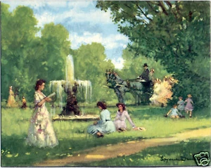 Victorian Ladies at Fountain Canvas-Style Lithograph - Picture 1 of 2