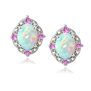 925 2.86ct Lab Created Opal & Pink Sapphire Diamond Accent Oval Earrings - Picture 1 of 3