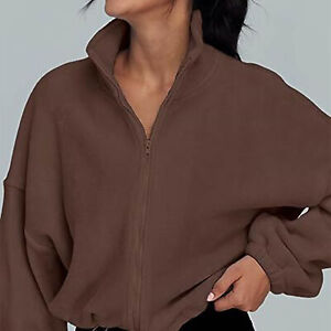 Zip Up Short Fleece Jacket Stand Collar Elastic Waist Fleece Coat(Coffee S) EMB