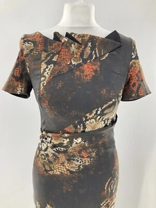 Karen Millen Brown Orange Mix Snake Print Pencil Dress Designer Size Uk 10 VgcT5 - Picture 1 of 11