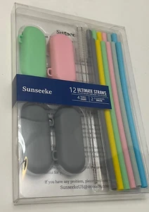 Sunseeke Marke 12 wiederverwendbare Standard Silikon Strohhalme Set mit Reinigungspipetten! NEU - Bild 1 von 5