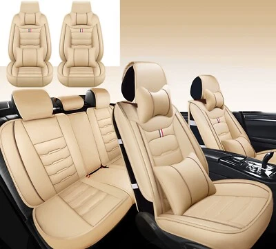 Juego Completo Fundas Asiento Coche 5 Plazas Cuero PU Cojín Delantero Trasero Universal Beige Foto 1 de 4