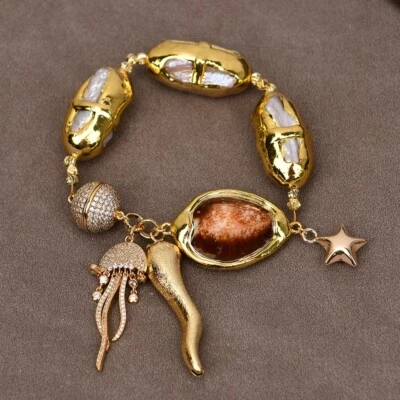 Natural White Biwa Pearl Gold Edge Plated Brown Sea Shell Bracelet CZ Charms - Image 1 of 4