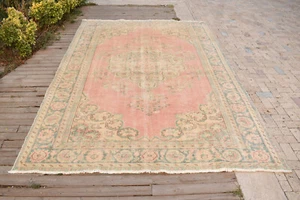 Türkischer Teppich 7x10 Handgewebt Oushak Rug 225x330cm Natur Wollteppich Rosa Rug - Bild 1 von 11