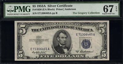 1953A $5 Silver Certificate FR-1656 - Graded PMG 67 EPQ Superb Gem Uncirculated - Image 1 of 2