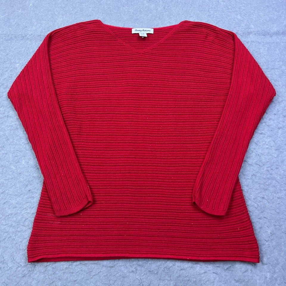 Mini suéter feminino Tommy Bahama top grande Jewel Bay lantejoulas listrado vermelho feriado - Imagem 1 de 4