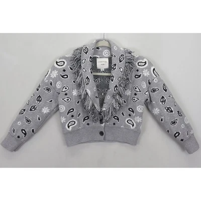 Habitual Girl 7/8 Gray Shawl Fringe Cardigan Sweater Paisley Knit Button Front - Image 1 of 4