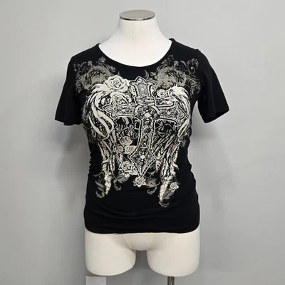 Y2K Biker Glam T-Shirt Plus Size 1X Cross Rhinestone Rose Tattoo Cutout Back - image 1 of 4
