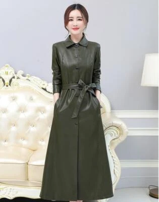 Trench coat largo de un solo pecho de cuero de oveja real primavera para mujer nueva Foto 1 de 4