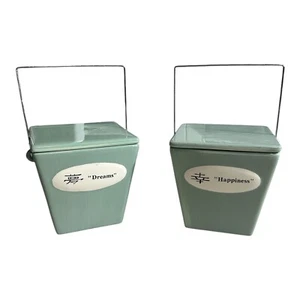 2- Ceramic Chinese Take Out Box Green, Happiness, Dreams By Century - Picture 1 of 8