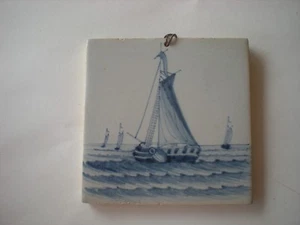 Antique Vintage Makkum Delft Dutch Tile of Ships Roaming at Sea original - Picture 1 of 3