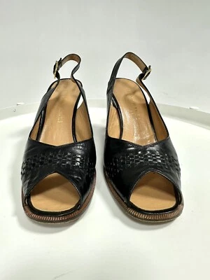 Bruno Magli Women's Black Woven Leather Slingback Open Toe Sandals Size 6.5 80s - Image 1 of 4