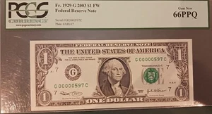 ERROR NOTE PCGS 66PPQ GEM 2003 Misaligned Front Top/R. Side F. R. N. #G00000597C - Picture 1 of 4