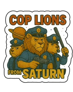 Pegatina troquelada vinilo personalizada parodia retro divertida Cop Lions from Saturn 3,5x2,5 - Imagen 1 de 1
