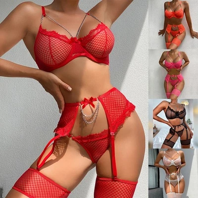 Gorgeous Lace Lingerie Set for Women Bra Thong Suspender Leg Hoop Included - Image 1 of 4