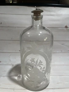 Vintage Etched Glass Vanity Apothecary Bottle Jar Metal Cork Top  7” - Picture 1 of 4