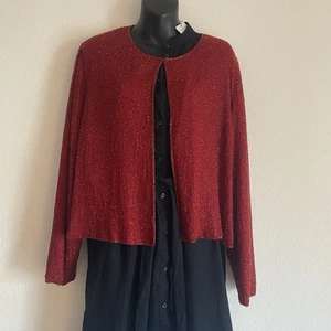 VTG Red Beaded/Jewel Women 1X 100% Silk Luxury Jacket Lined Holiday Party Fairy - Picture 1 of 7