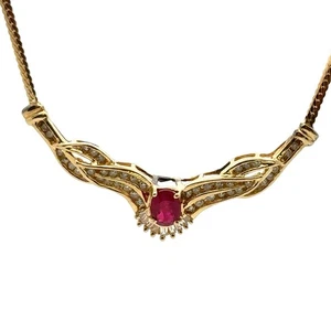 10KT YELLOW GOLD GENUINE RUBY & DIAMOND STATEMENT NECKLACE 18", 7.1 GRAMS - Picture 1 of 8