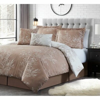 Taupe Beige Tan White Nature Trees Branches 6pc Comforter Set Queen King Bedding - Image 1 of 4