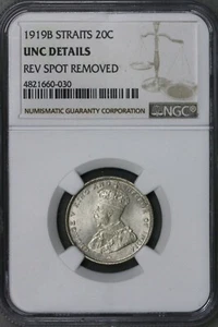 Straits Settlements 1919B 20 Cents NGC UNC Details Rev Spot Removed   S715 - Picture 1 of 2
