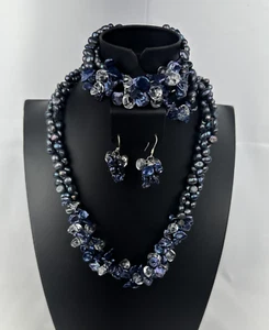 BLUE KESHI FRESHWATER PEARL SET - NECKLACE, BRACELET & EARRINGS - Picture 1 of 4