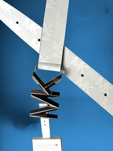 Michael Kors Belt White~Genuine Leather Stamp MK Logo~MK Silver Buckle~ALL SIZES - Picture 1 of 6