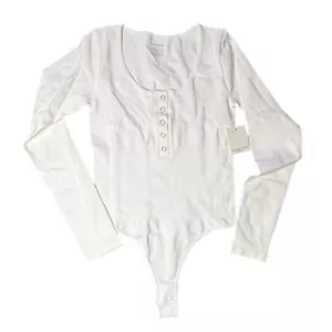 MangoPop Henley White Bodysuit Long Sleeve Snap Front Ribbed White Top Size S - Picture 1 of 6