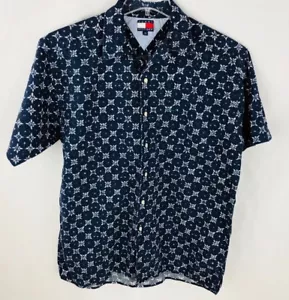 Vintage Tommy Hilfiger Camp Shirt Men's Short Sleeve Button Up Down Blue Sz M - Picture 1 of 10