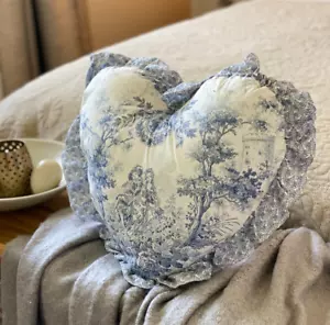 Pale Blue and White Heart Shaped Filled Cushion French Toile Design Cotton - Picture 1 of 6