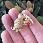 Vintage 14K Yellow Gold Dyed Coral And Natural Ruby Toucan Bird Pin Brooch