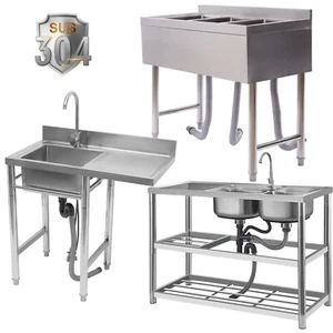 1/2/3 Compartment Commercial Stainless Steel Kitchen Sink Prep Table with Faucet - Picture 1 of 45
