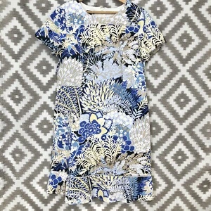 Vestido Talbots Talla Grande 14 Azul Blanco Bronceado Tropical Floral Mangas Cortas - Imagen 1 de 8