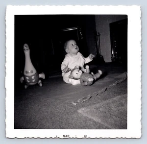Vintage Photograph Baby w/ Rubber Face Teddy Bear Inflatable Goose 3.5x3.5" 1961 - Picture 1 of 2
