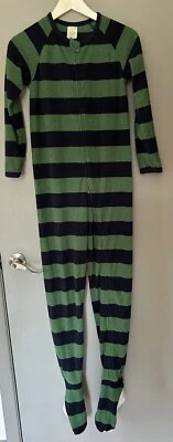Lands' End Kids Fleece Footed Pajamas PJs Green Stripes Size 12 *read D01 - Image 1 of 4