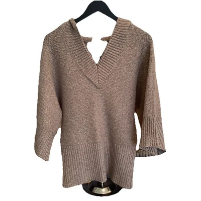 Kenji Hooded Knit Wool Sweater Dolman Sleeves V Neck Brown Medium - Image 1 of 4