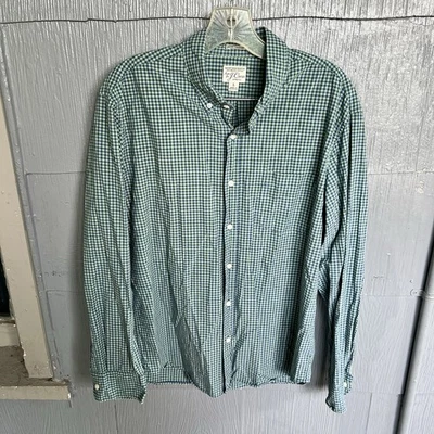 J Crew Secret Wash Button Up Shirt Men L Slim Fit Organic Green Check Gingham - Image 1 of 4