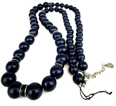 Talbots 37" Chunky Navy Blue Acrylic/Enamel Graduated Bead Silver Tone Necklace - Image 1 of 4