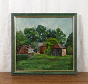 Pintura al óleo vintage de casas de campo y vegetación, paisaje de pueblo - Imagen 1 de 11